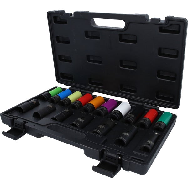 Schlagschrauber-Nusskasten mit farbcodierten Nüssen in schwarzem Koffer