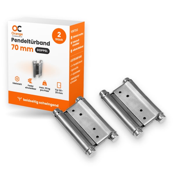 Zwei Edelstahl Pendeltürbänder 70 mm von Orange Commerce in der Produktverpackung