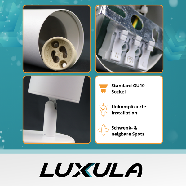 Produktmerkmale der Luxula Leuchte: Standard GU10 Sockel, unkomplizierte Installation, schwenk- und neigbare Spots