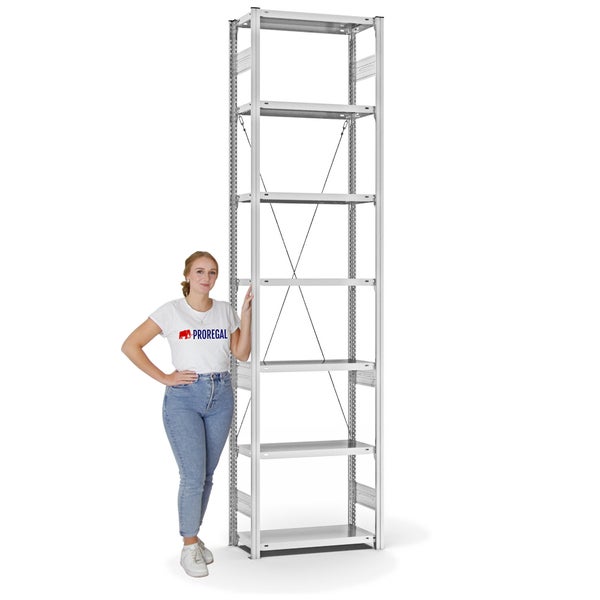 PROREGAL Fachbodenregal Stecksystem T-Profil Medium-Duty Grundregal HxBxT 300 x 75 x 30 cm 7 Ebenen Fachlast 220 kg Einseitig Nutzbar Lichtgrau
