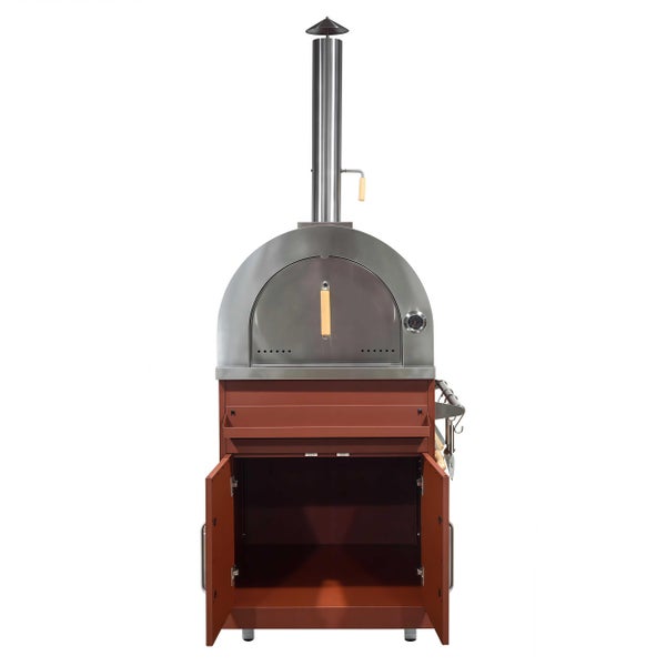 Holzbeheizter Pizzaofen aus Edelstahl mit rotbraunem Unterschrank, geöffneten Türen, hohem Schornstein und integriertem Thermometer.
