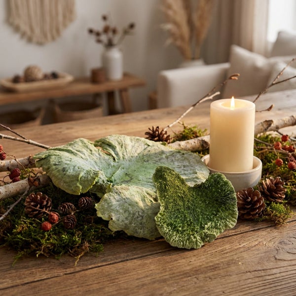 Dekorative Tischdekoration mit Kerze, Moos, Zapfen und Pilzelementen auf rustikalem Holztisch für eine herbstliche Wohnatmosphäre.