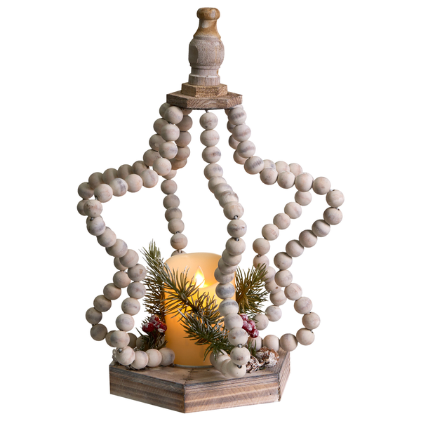 Dekorative Stern Laterne aus Holz mit LED-Kerze und Tannenzweigen