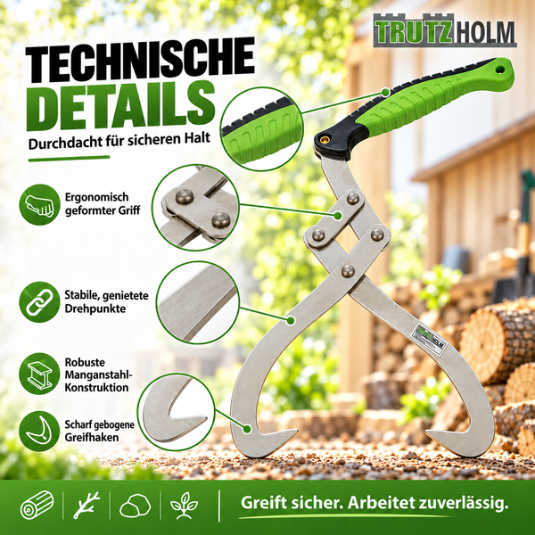 Holzzange von Trutzholm mit ergonomischem Griff, stabilen Drehpunkten und Greifhaken aus Manganstahl zur Holzstammbewegung.