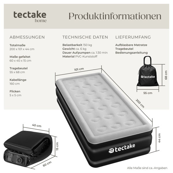 Produktinformationen zur aufblasbaren Matratze von tectake mit Maßen circa 200 mal 101 mal 44 Zentimeter, Belastbarkeit 150 Kilogramm.