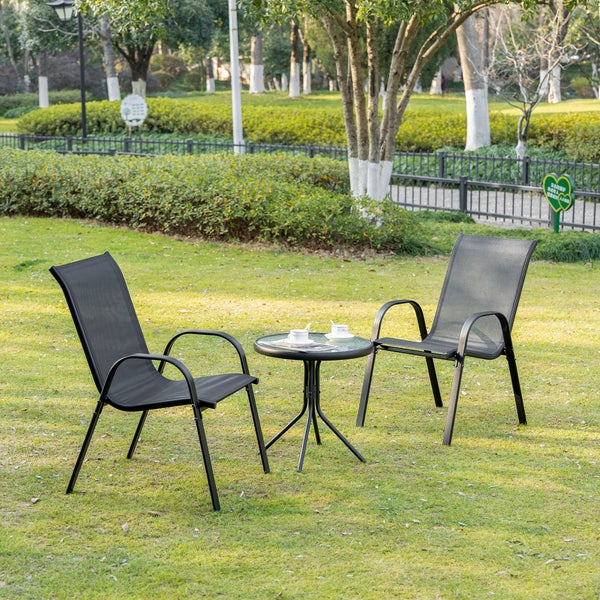 Outsunny 2er Set Gartenstuhl Stapelstuhl mit Armlehne Essstühle Garten Metall Mesh-Gewebe Schwarz 70 x 54 x 90 cm