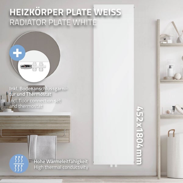 ML-Design Badheizkörper 1800x452mm Weiß Flach mit Bodenanschlussgarnitur Durchgangsform Multiblock Thermostat Paneelheizkörper Mittelanschluss Vertikal Planheizkörper Vorderseite glatt Flachheizkörper