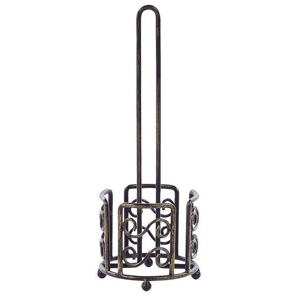 Toilettenpapier-Ersatzrollenhalter aus Metall in Antik-Optik mit Schnörkel-Dekor am Fuß.