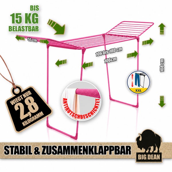 Ausziehbarer Wäscheständer mit Antirutschbeschichtung, 15 Kilogramm Tragkraft, ausziehbar von 106 bis 180 Zentimeter, 108 Zentimeter hoch.