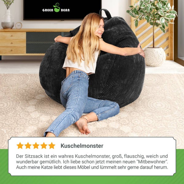 Green Bean Indoor Sitzsack 90x110cm EPS-Perlen Füllung & Cordstoff Kuschelig Weich Waschbar - Drinnen Bodenkissen Liegekissen Sitzkissen Sitzhocker Relax-Sessel Kinder Erwachsene Stoff Schwarz