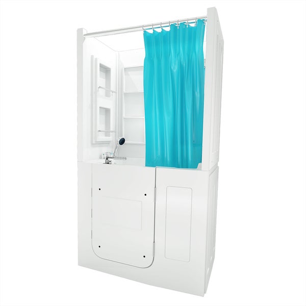 Barrierefreie Sitzbadewanne mit Einstiegstür, integrierter Dusche, Duschvorhang und Ablagefächern.