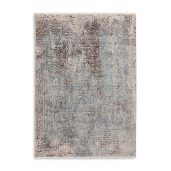 Rechteckiger Teppich im Vintage-Stil mit verwaschenem orientalischem Muster in Blau, Grau und Beige.