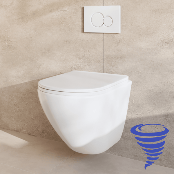 Wandhänge WC mit Spülrand und Betätigungsplatte vor einer gefliesten Wand