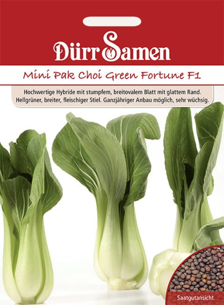 Dürr Samen Mini Pak Choi Green Fortune F1 Saatgutpackung mit Abbildung von Pak Choi Pflanzen und Samen.