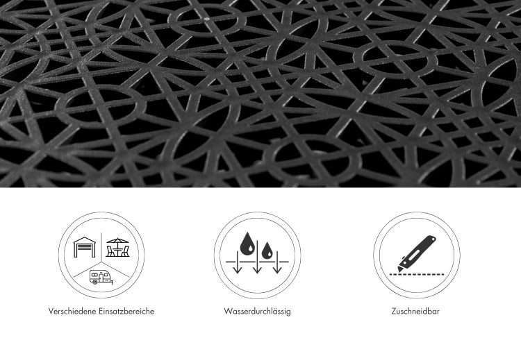Durchlässige Bodenmatte mit geometrischem Muster für verschiedene Einsatzbereiche, wasserdurchlässig und individuell zuschneidbar.