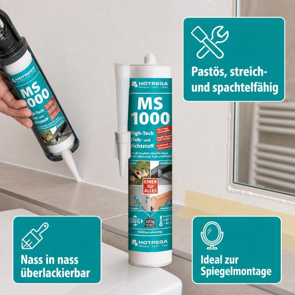 Hotrega MS 1000 High Tech Kleb und Dichtstoff in Kartusche mit Anwendungshinweisen zur Anwendung im Innen und Aussenbereich.