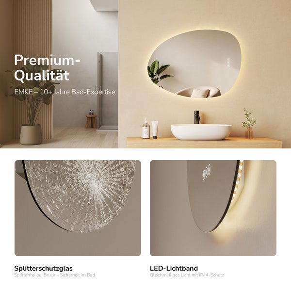 EMKE LED-Badezimmerspiegel in organischer Form mit Hintergrundbeleuchtung, Splitterschutzglas und IP44 LED-Lichtband.