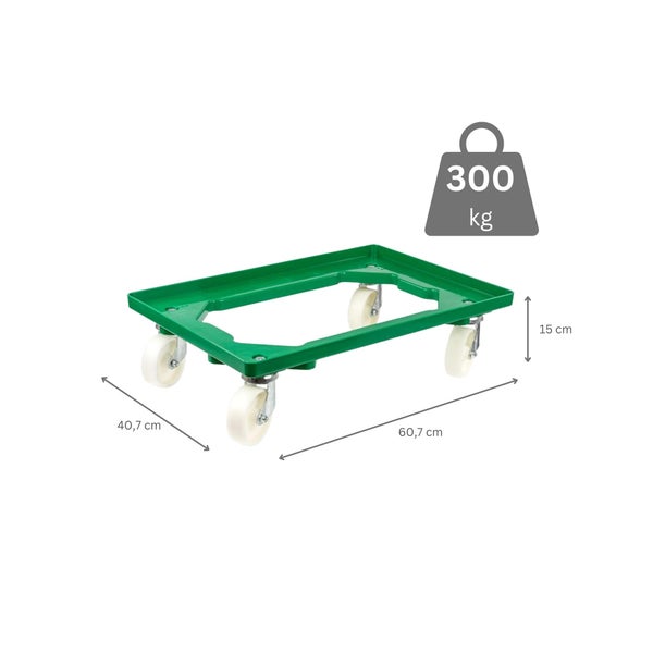 PROREGAL Transportroller für Euroboxen 60 x 40 cm mit Kunststoffräder Grün Offenes Deck 2 Lenkrollen und 2 Bremsrollen Traglast 300 kg