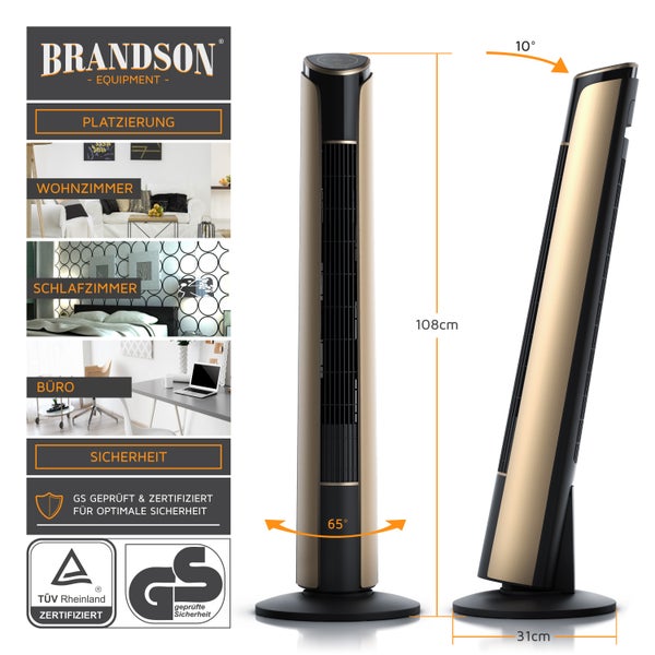 Brandson, Turmventilator mit Fernbedienung 108 cm, Ventilator 10 Grad neigbar, Standventilator, Säulenventilator mit Oszillation, 3 Geschwindigkeiten