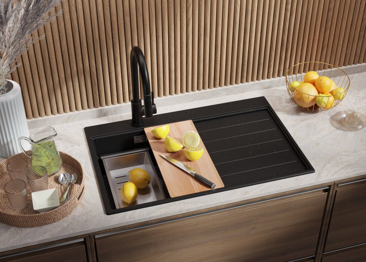 PRIMAGRAN Spülbecken Schwarz Metallic 78x50cm, Granitspüle 1 Becken + Ablauf-Set + Küchenzubehörset, Küchenspüle ab 45er Unterschrank - Sydney