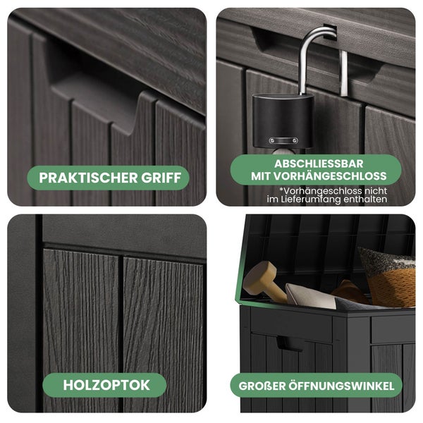 Gartenbox Details: Integrierter Griff, abschließbar mit Vorhängeschloss, Oberfläche in Holzoptik und großer Öffnungswinkel des Deckels.