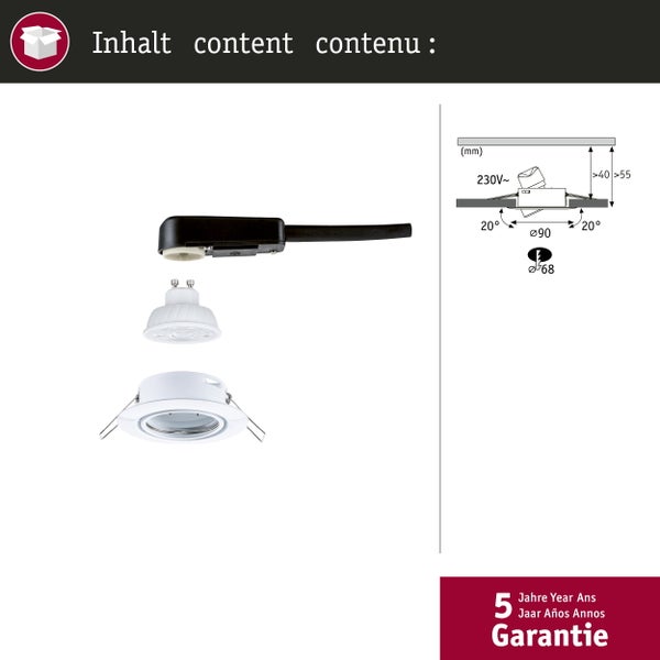 Inhalt Einbaustrahler mit Fassung, Kabel, LED und Ring. Daten: 230 Volt, Einbaudurchmesser 68 Millimeter, Schwenkbereich 20 Grad, 5 Jahre Garantie.