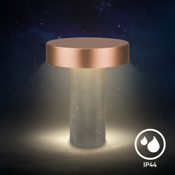 LED-Außen-Tischleuchte in Pilzform mit geriffeltem Sockel und Spritzwasserschutz nach IP44.