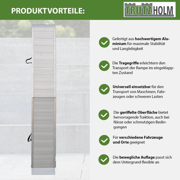 Trutzholm Auffahrrampe aus Aluminium mit Produktvorteilen wie Tragegriffen, geriffelter Oberfläche, universeller Einsetzbarkeit und Auflage.