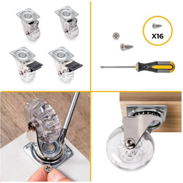 Set aus vier transparenten Lenkrollen, zwei mit Feststellbremse, inklusive 16 Schrauben und einem Schraubendreher zur Möbelmontage.