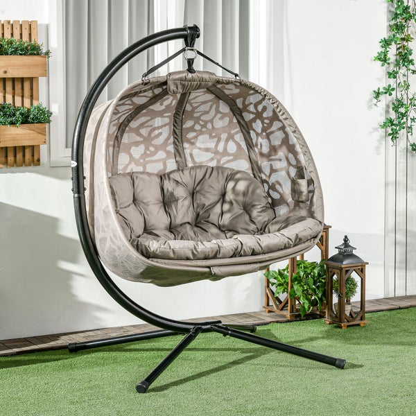 Outsunny Hängesessel, 2 Sitzer Hängestuhl mit Kissen, für Indoor, Outdoor, bis 240 kg Belastbar, 130L x 103B x 172H cm, Polyester+Stahl, Sand