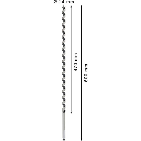 Holzspiralbohrer mit einem Durchmesser von 14 Millimetern und einer Länge von 600 Millimetern.
