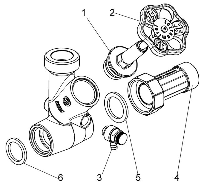 Explosionszeichnung eines Schrägsitzventils mit nummerierten Einzelteilen wie Handrad, Ventilgehäuse, Dichtungen und Entleerventil.