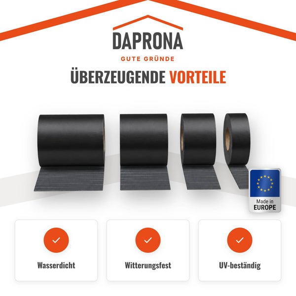 Daprona Dichtungsband Rollen, wasserdicht, witterungsfest und UV beständig, hergestellt in Europa.