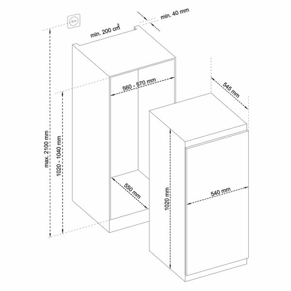 Telefunken EKG102S147E Einbaukühlschrank mit Gefrierfach 102cm Nische Schlepptür-Technik 139 Liter Nutzinhalt