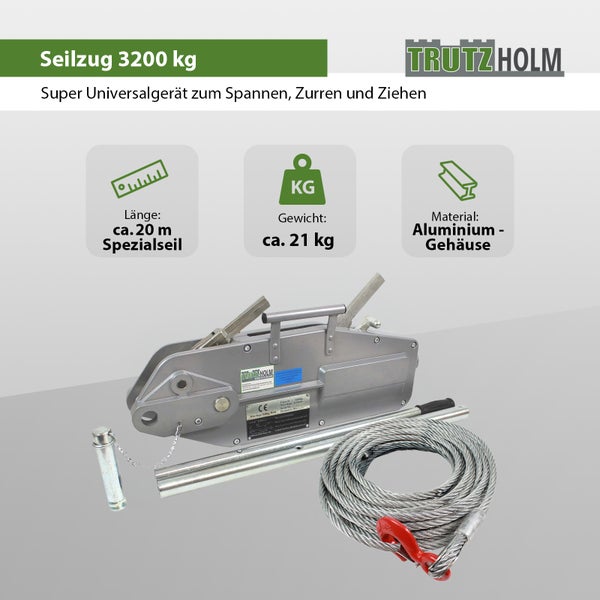 Trutzholm Seilzug mit 3200 kg Zugkraft, inklusive 20 Meter Spezialseil und Aluminiumgehäuse zum Spannen, Zurren und Ziehen.
