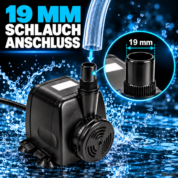 Tauchpumpe mit 19 Millimeter Schlauchanschluss für Springbrunnen und Aquarien.