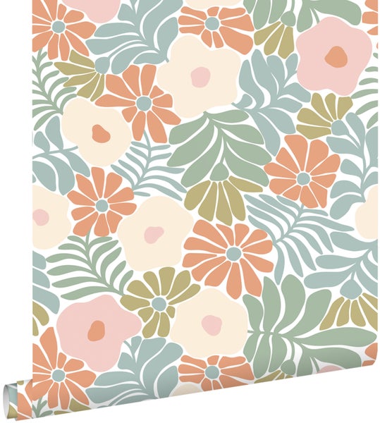 ESTAhome Tapete Blumen im Matisse-Stil Türkis, Orange, Olivgrün und Beige - 50 x 900 cm - 131004