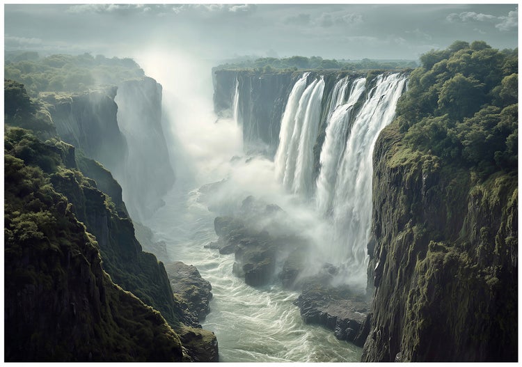 Landschaftsansicht eines Wasserfalls zwischen bewaldeten Klippen