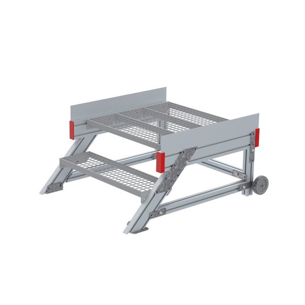 Mobile Industrietreppe aus Metall mit zwei Gitterroststufen und Transportrollen.