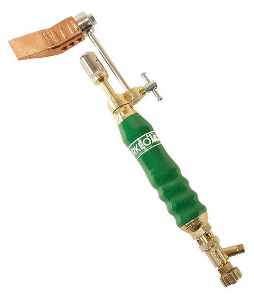 Perkeo Propan-Lötkolben aus Messing mit Kupferstück und grünem Handgriff.