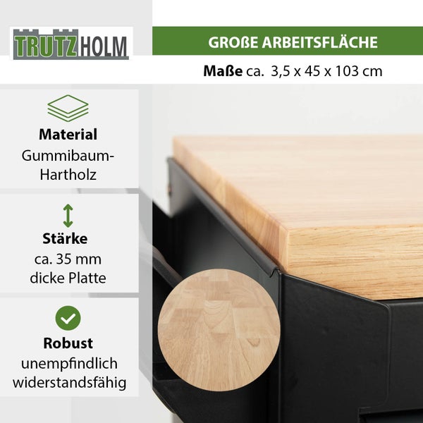 Trutzholm Logo. Arbeitsplatte aus Gummibaum-Hartholz, Maße circa 3,5 mal 45 mal 103 Zentimeter, Stärke circa 35 Millimeter, robust.