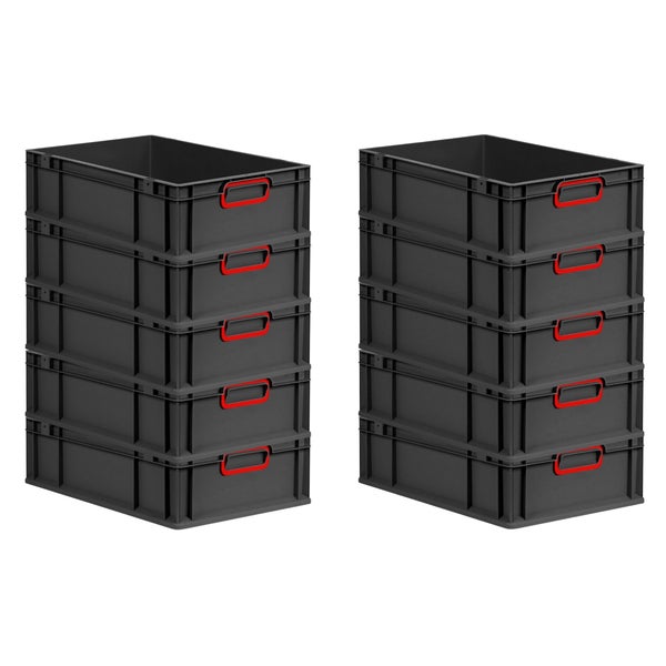 PROREGAL SparSet 10x Eurobox NextGen Color, HxBxT 17x40x60cm, 34 Liter, Griffe rot geschlossen, Schwarz, Eurobehälter, Transportbox, Transportbehälter, Stapelbehälter