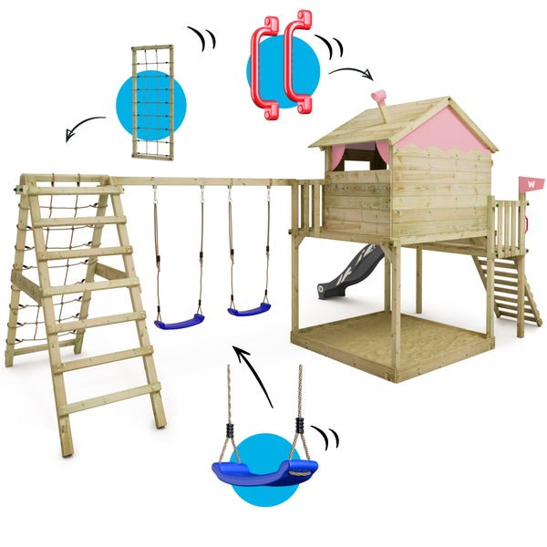 WICKEY Spielturm Klettergerüst Smart Ocean mit Schaukel und Rutsche, Stelzenhaus mit Sandkasten, Kletterleiter und Spiel-Zubehör – pastellpink