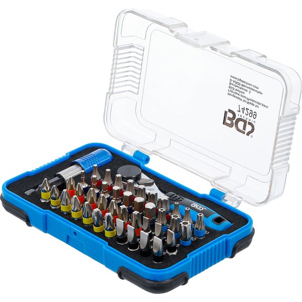 Bitset mit Bits, Bithalter, Schraubendrehergriff und Knarre in Kunststoffbox
