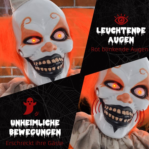 HOMCOM 183cm Halloween Dekoration Stehender Clown mit LED-Lichter, Soundfunktion, Haustür Deko mit verstellbare Arme, Garten Dekofigur in Lebensgröße für Party, Orange+Grau