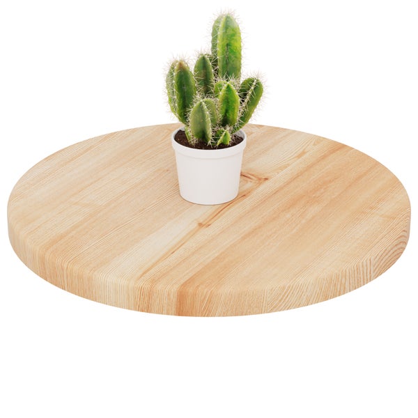 Runde Tischplatte aus massivem Holz mit natürlicher Maserung, auf der ein kleiner Kaktus in einem weißen Topf steht.