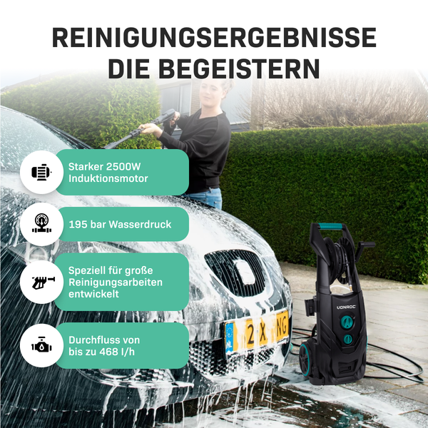 VONROC Profi Hochdruckreiniger 195bar - Fassadenreiniger für schwere Reinigungsarbeiten [2500W] - Hoher Durchfluss [468 l/h] Reinigungstank, Aluminium Pumpe - inkl. Terassenreiniger
