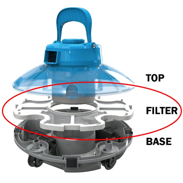 Explosionszeichnung eines Poolroboters mit den Komponenten Oberteil, Filter und Basis, wobei der Filter hervorgehoben ist.