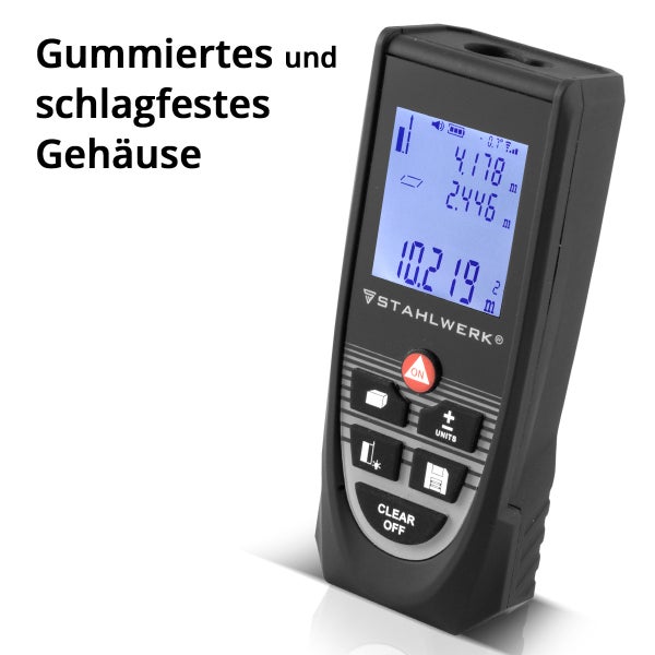 Stahlwerk Laser-Entfernungsmesser mit gummiertem, schlagfestem Gehäuse, digitaler Anzeige für Messungen in Meter und Stahlwerk Logo.