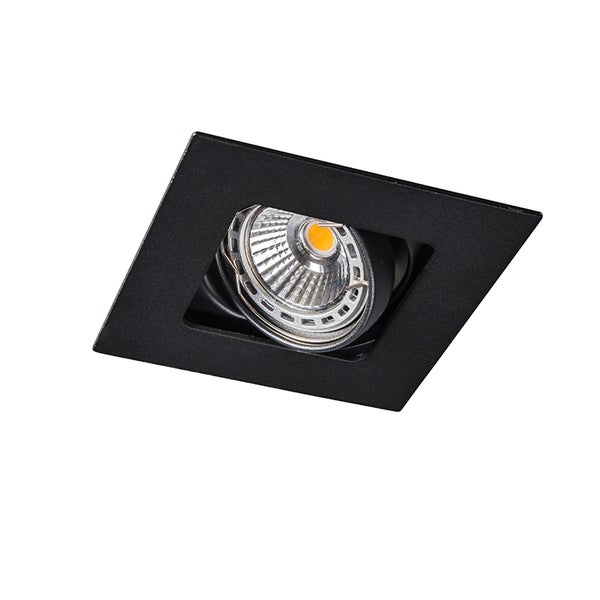 Quadratischer Einbaustrahler in Schwarz mit schwenkbarem LED-Leuchtmittel.